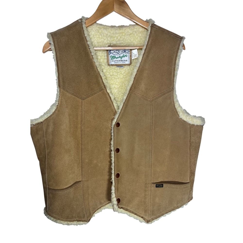 Wrangler Outerwear Vest Mens Large‎ Tan Genuine Leather Sherpa Lined Western USA